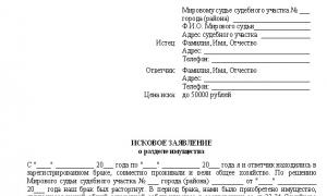 Исковое заявление о разделе совместного имущества супругов